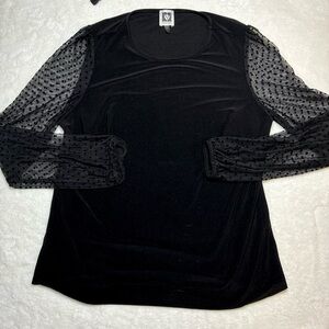 Anne Klein Black Sheer Polka Dot Sleeve Blouse